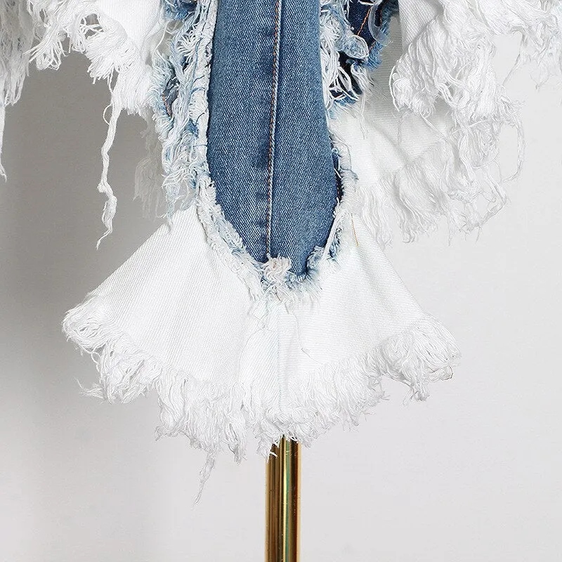Sexy Contrast Color Denim Zipper Women Dress