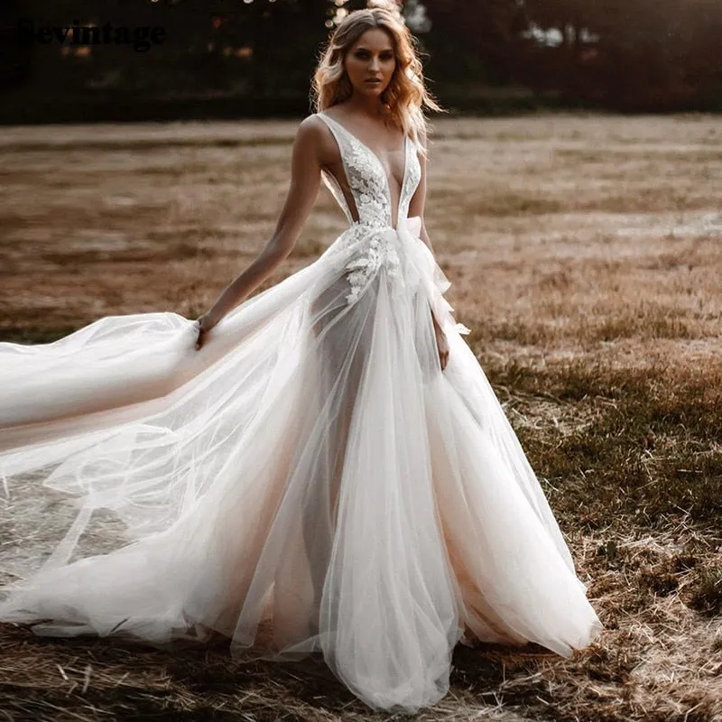 Sexy V-Neck Illusion Wedding Dress Boho Inspired With Lace Appliques
