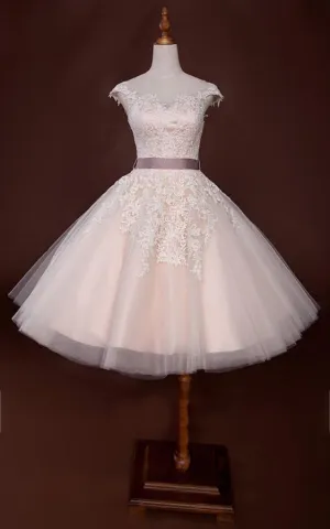Short Bell Cap Beading Appliques Zipper Lace-Up Back Chiffon Tulle Lace Sequins Organza Satin Taffeta Dress-713921