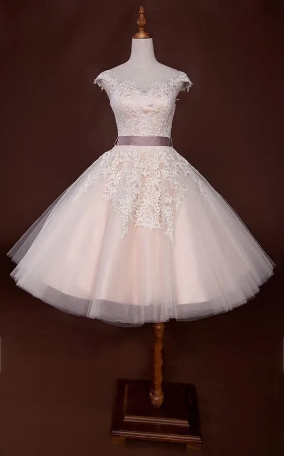 Short Bell Cap Beading Appliques Zipper Lace-Up Back Chiffon Tulle Lace Sequins Organza Satin Taffeta Dress-713921