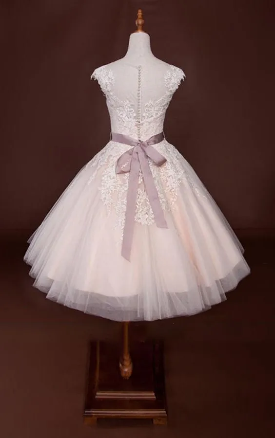 Short Bell Cap Beading Appliques Zipper Lace-Up Back Chiffon Tulle Lace Sequins Organza Satin Taffeta Dress-713921