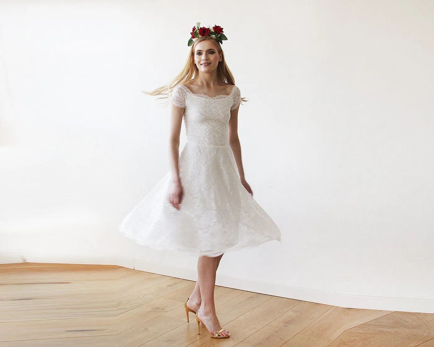 Short wedding dress, Ivory Off-The-Shoulder Midi Dress #1158