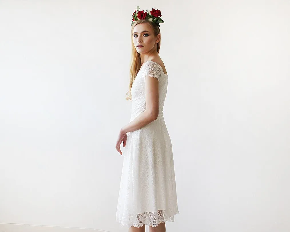 Short wedding dress, Ivory Off-The-Shoulder Midi Dress #1158
