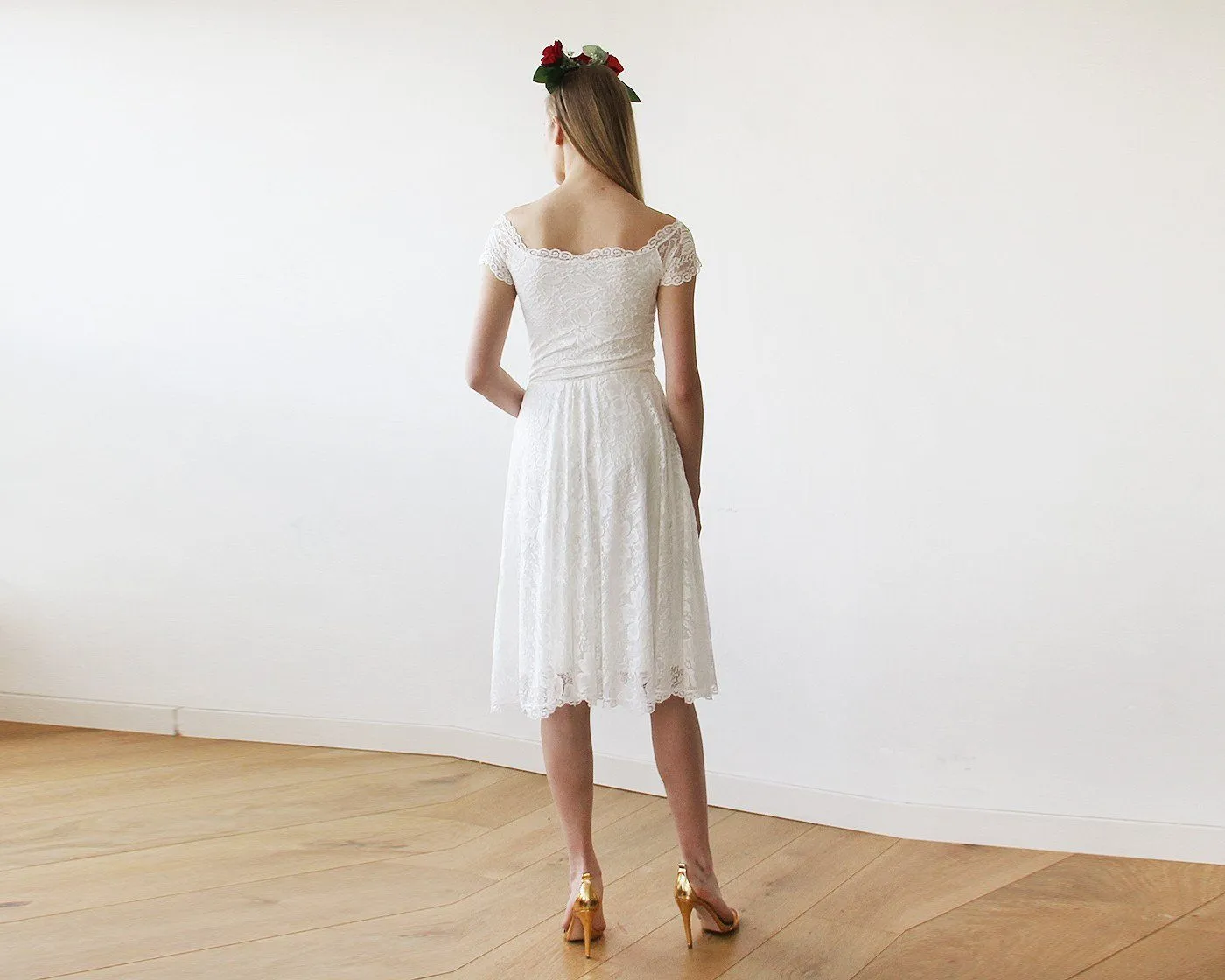 Short wedding dress, Ivory Off-The-Shoulder Midi Dress #1158