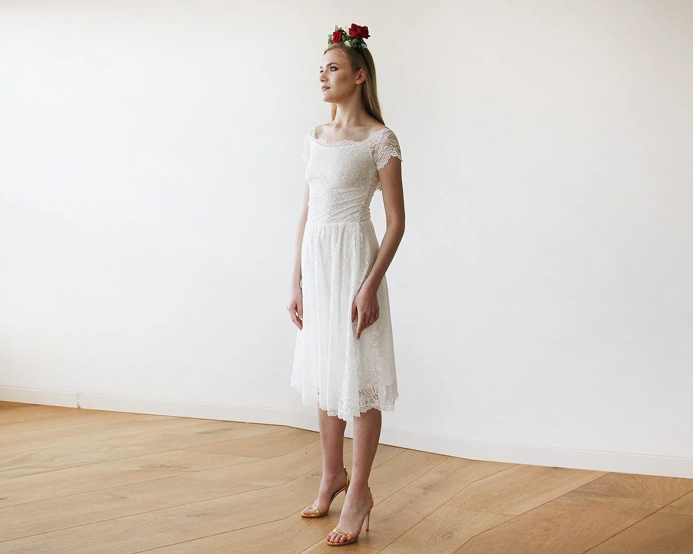Short wedding dress, Ivory Off-The-Shoulder Midi Dress #1158
