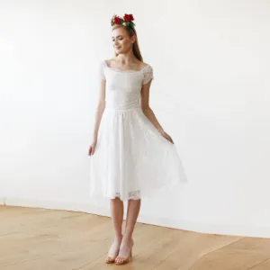 Short wedding dress, Ivory Off-The-Shoulder Midi Dress #1158
