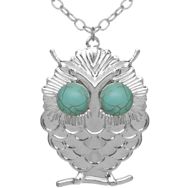 Silver Beaded Eyes Owl Pendant Necklace