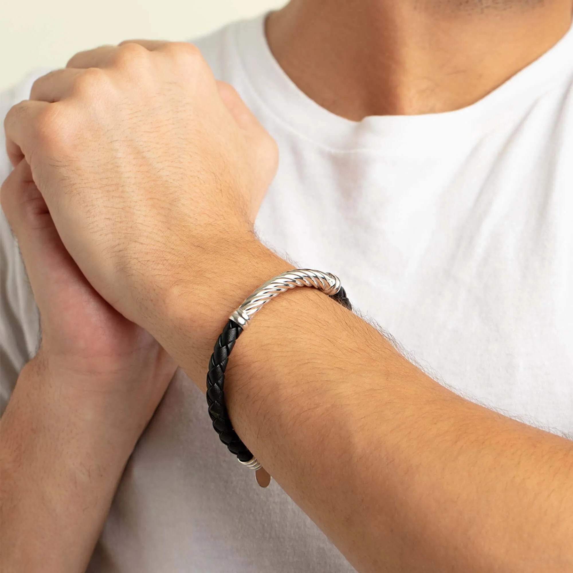 Silver Men's Twisted Cable Leather Bracelet