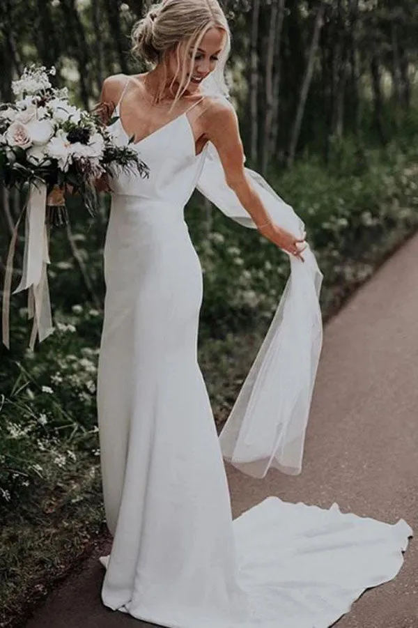 Simple Spaghetti Straps Mermaid V-Neck Satin Boho Beach Wedding Dresses,MW310