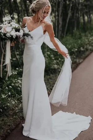 Simple Spaghetti Straps Mermaid V-Neck Satin Boho Beach Wedding Dresses,MW310