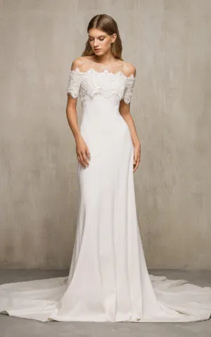 Simple Trumpet Charmeuse Scalloped Wedding Dress With Short Sleeve And Open Back-716334