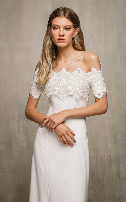 Simple Trumpet Charmeuse Scalloped Wedding Dress With Short Sleeve And Open Back-716334