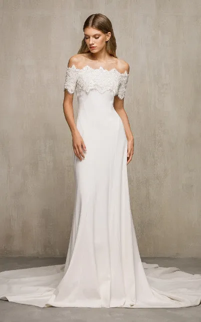 Simple Trumpet Charmeuse Scalloped Wedding Dress With Short Sleeve And Open Back-716334