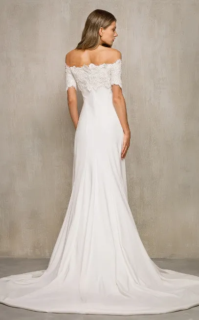 Simple Trumpet Charmeuse Scalloped Wedding Dress With Short Sleeve And Open Back-716334