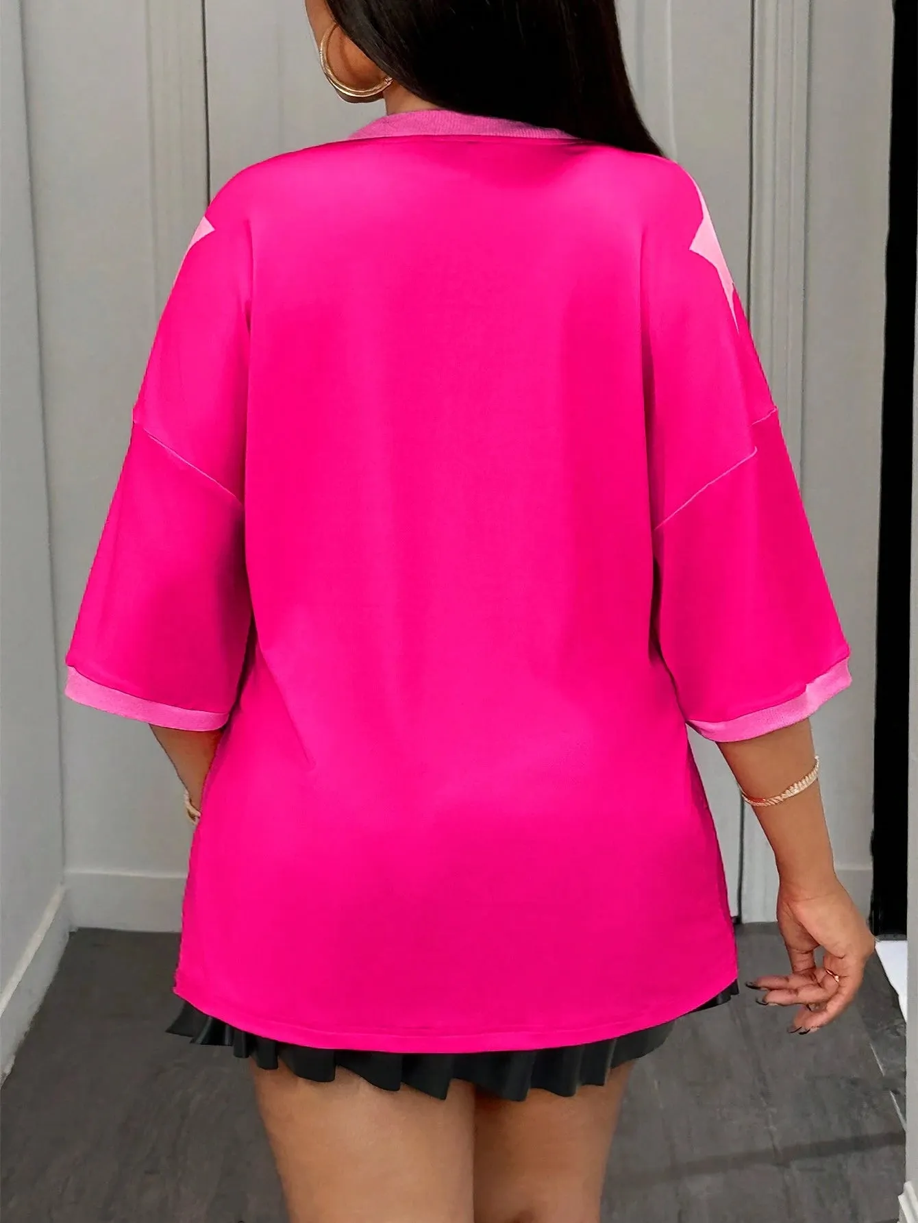 Slaydiva Casual Street Sporty Numeric & Letter Print V-Neck Loose Short Sleeve Pink Oversized T-Shirt for Women - B