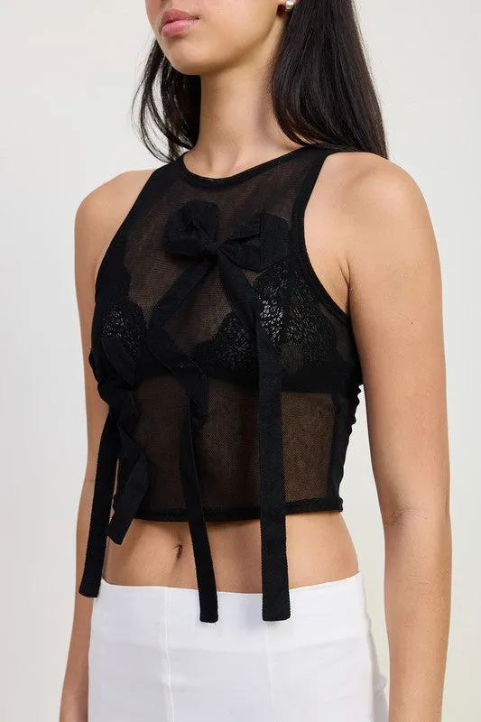 SLEEVELESS SHEER BOW TOP