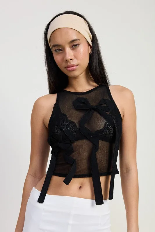 SLEEVELESS SHEER BOW TOP