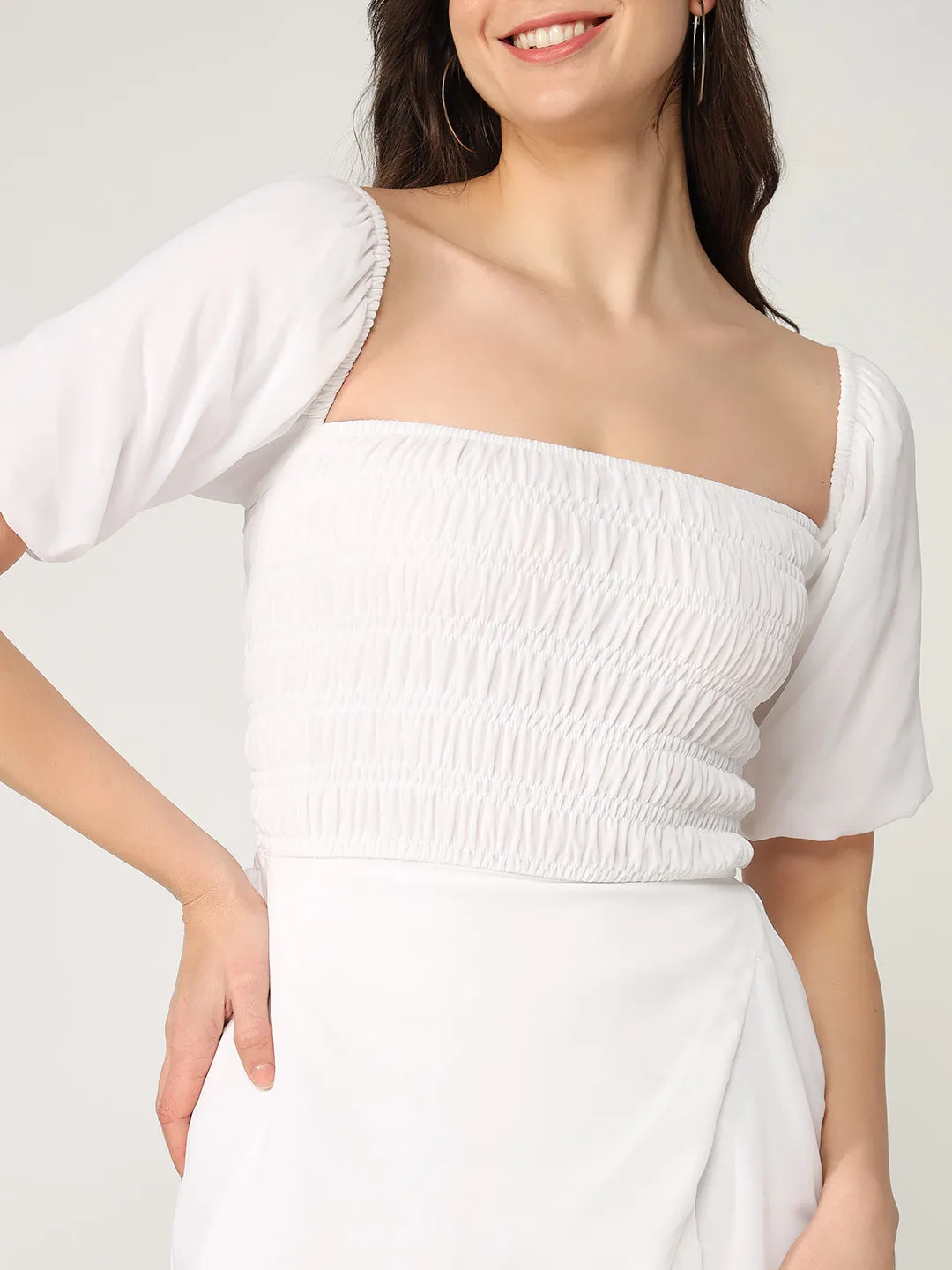Solid Fit And Flare Summer Dress With Smocked Elasticised Bodice  (Set Of 1)