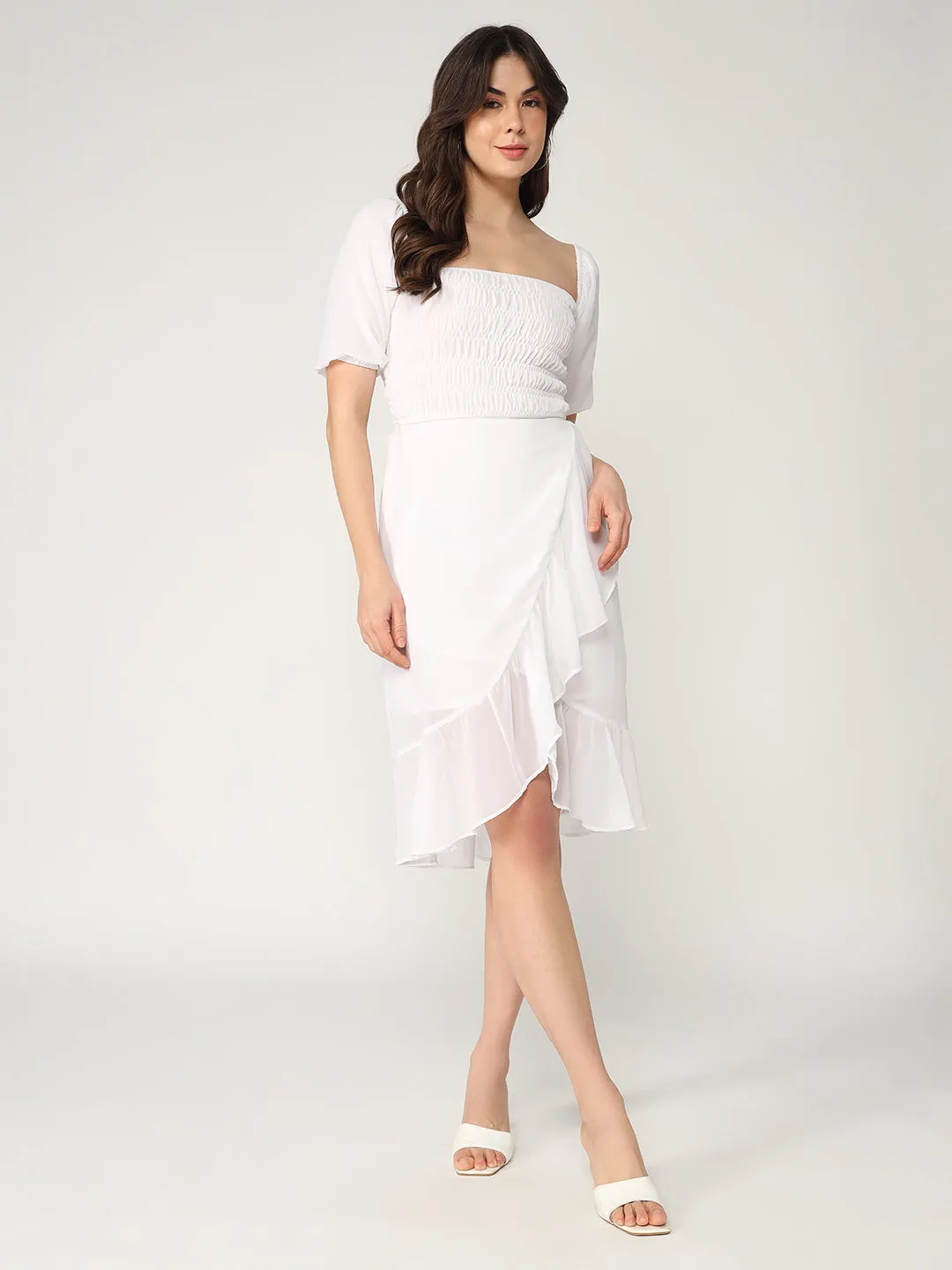 Solid Fit And Flare Summer Dress With Smocked Elasticised Bodice  (Set Of 1)