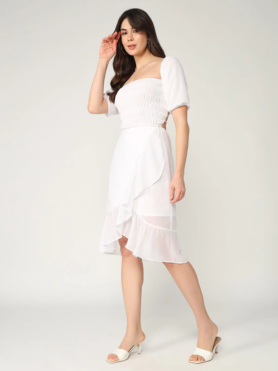 Solid Fit And Flare Summer Dress With Smocked Elasticised Bodice  (Set Of 1)