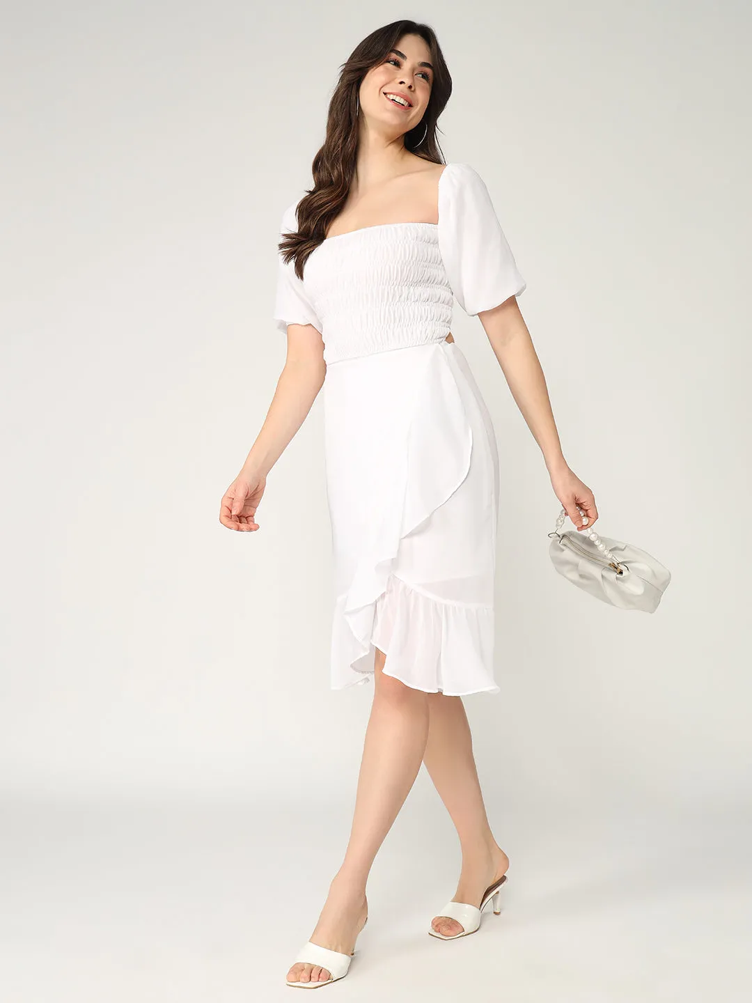 Solid Fit And Flare Summer Dress With Smocked Elasticised Bodice  (Set Of 1)