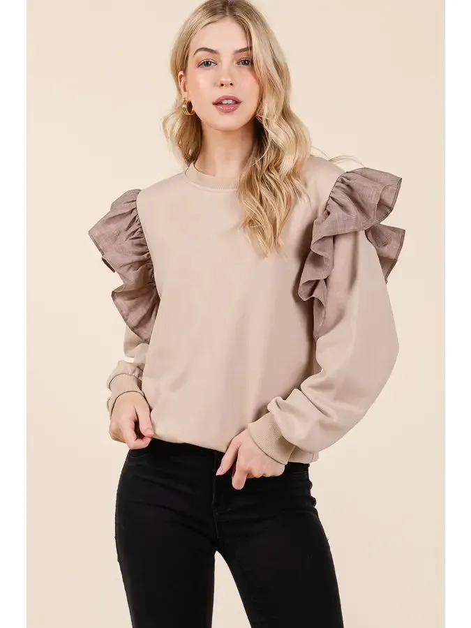 Solid Ruffle Detail Round Neck Top