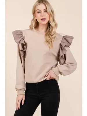 Solid Ruffle Detail Round Neck Top