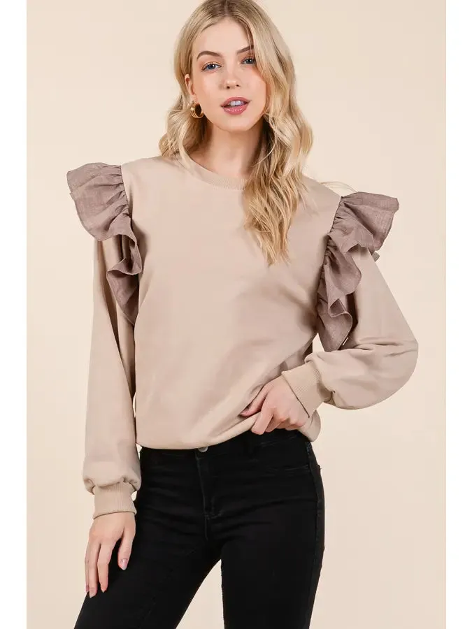 Solid Ruffle Detail Round Neck Top