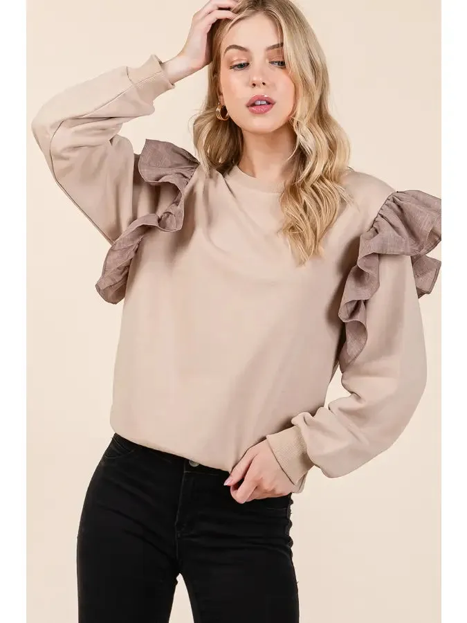 Solid Ruffle Detail Round Neck Top