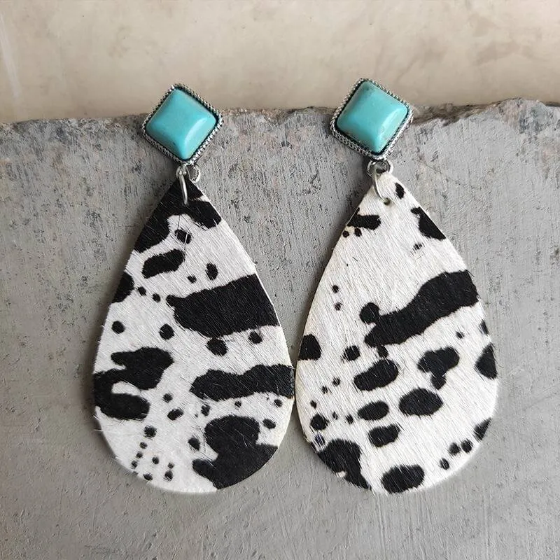 Square Turquoise Leather Print Drop Earrings