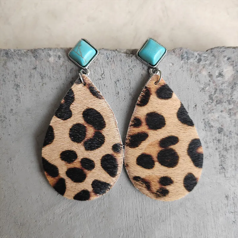 Square Turquoise Leather Print Drop Earrings