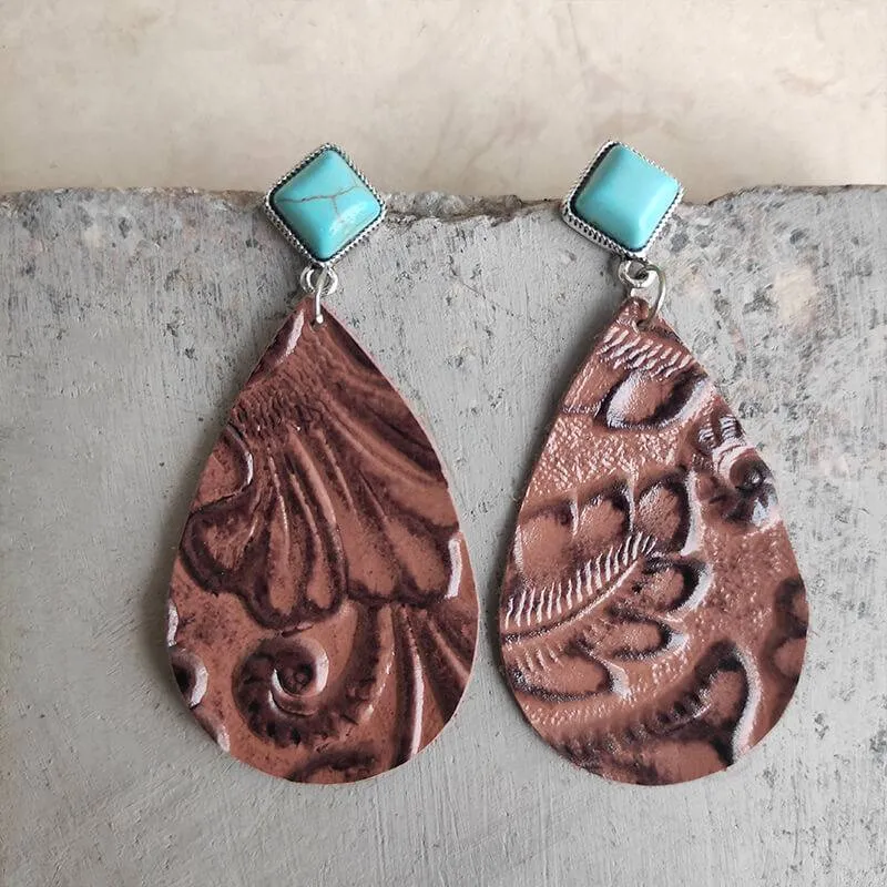 Square Turquoise Leather Print Drop Earrings