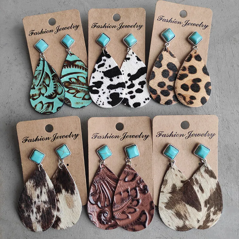 Square Turquoise Leather Print Drop Earrings