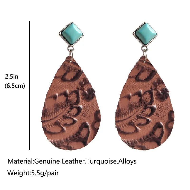 Square Turquoise Leather Print Drop Earrings