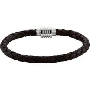 Stainless Steel & Black Braided Leather 8" Bracelet with Magnetic Clasp