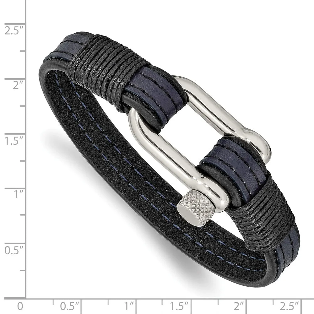 Stainless Steel Polished Black & Blue Leather 8.25in Shackle Bracelet