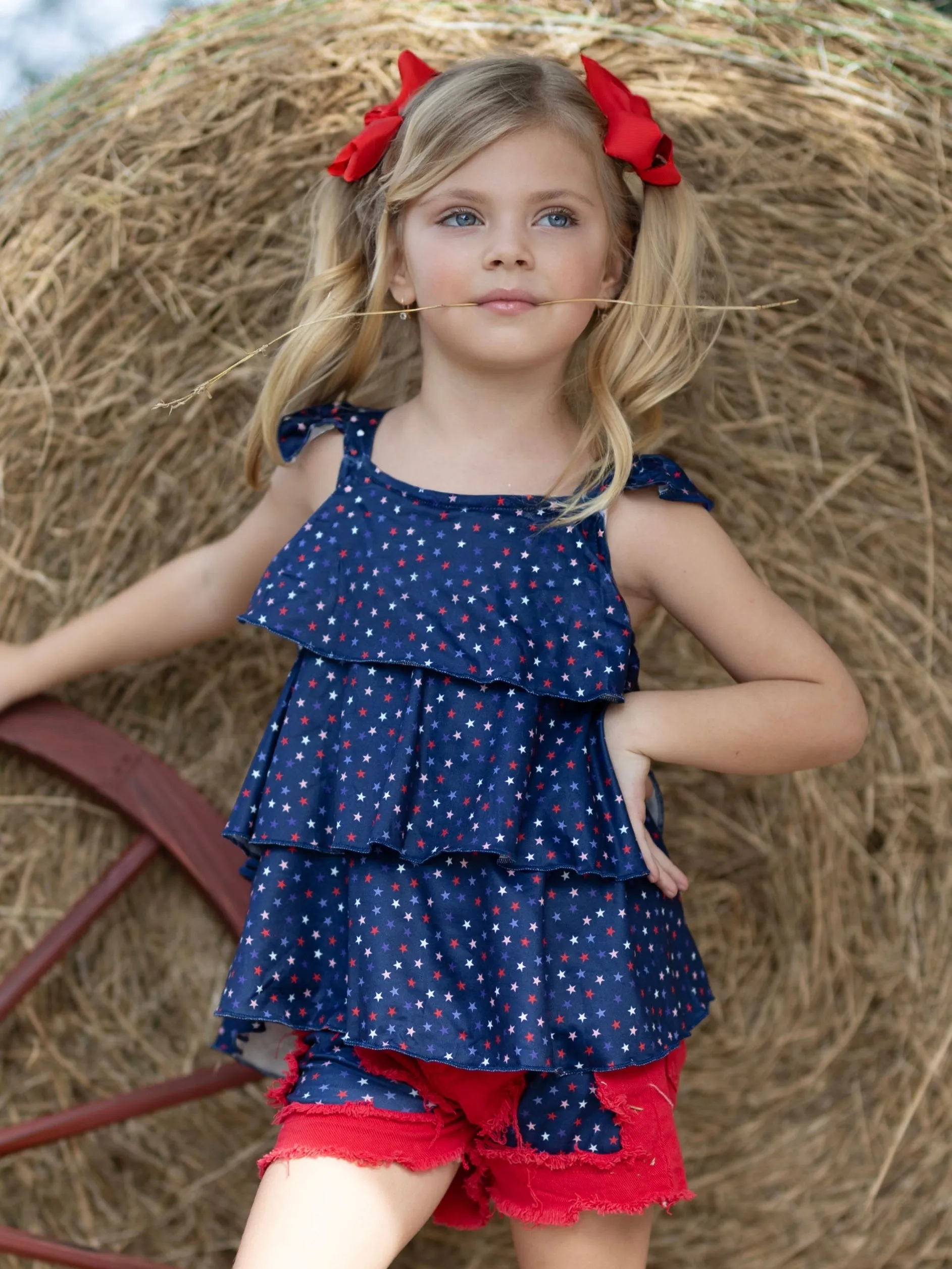 Star Spangled Diva Ruffle Top and Patched Denim Short Set