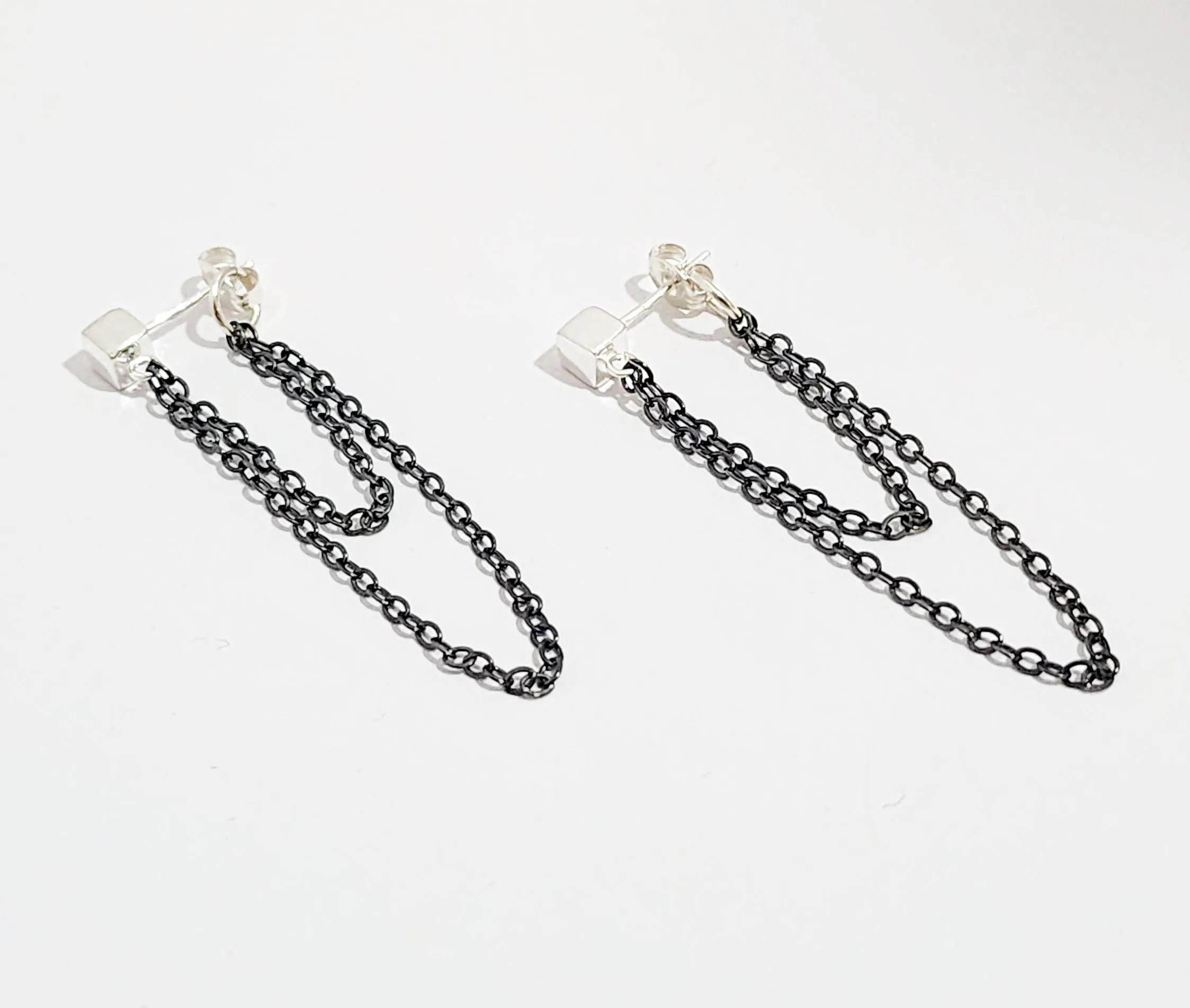Sterling Silver and Oxidized Sterling Silver Double Chain Drop earrings