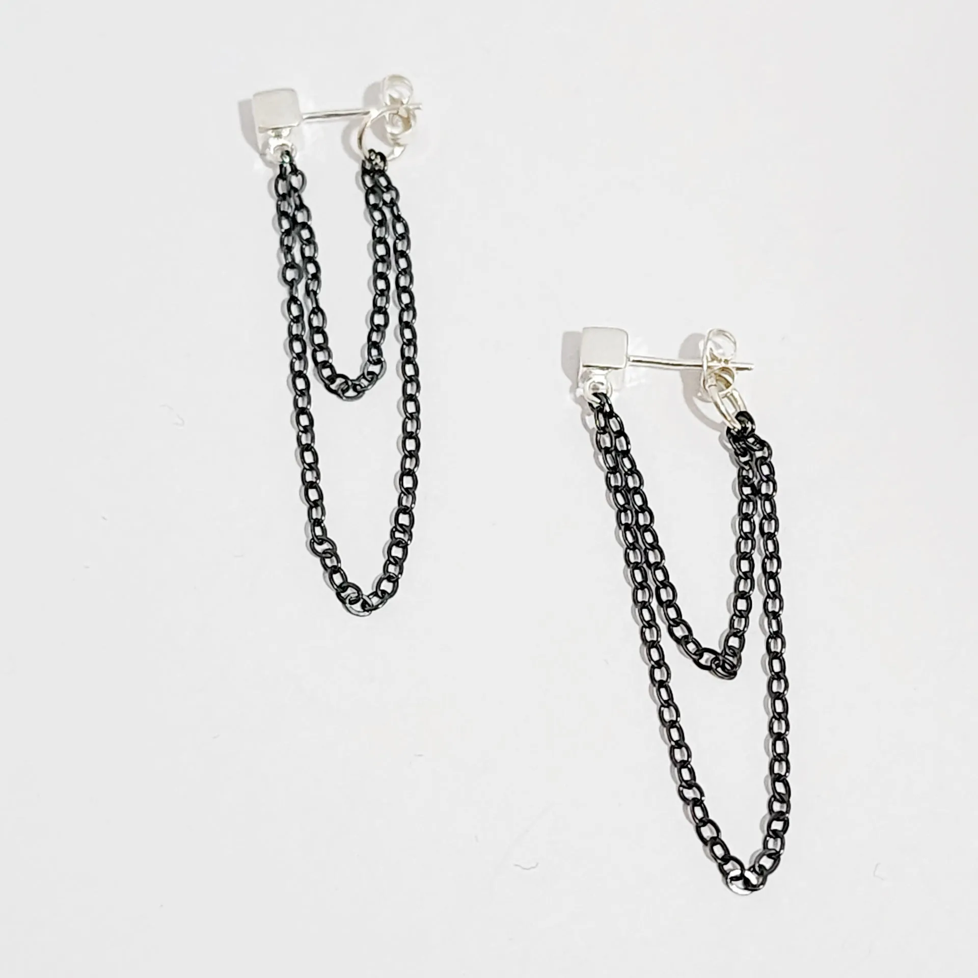 Sterling Silver and Oxidized Sterling Silver Double Chain Drop earrings