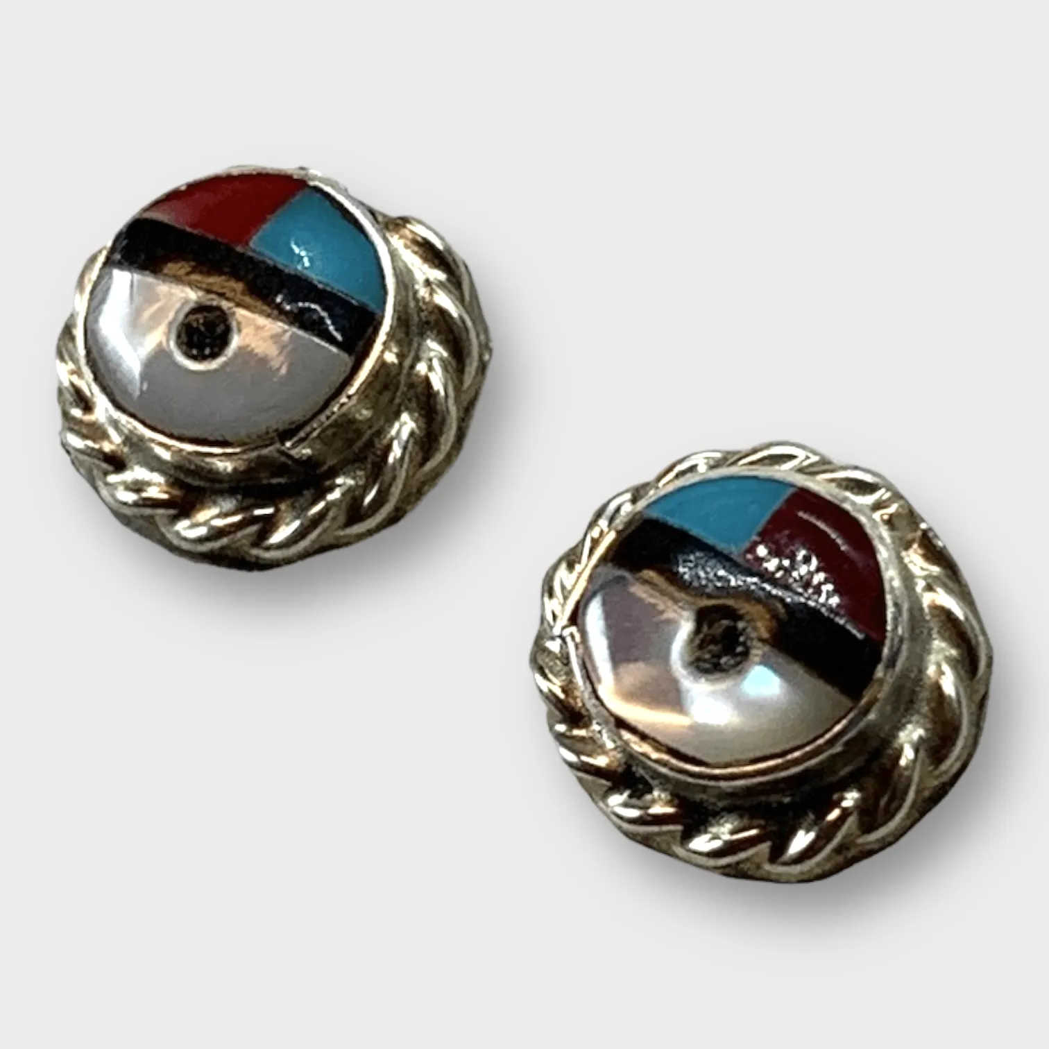Sterling Silver Zuni Handmade Stone Inlay Small Sun Face Round Stud Earrings