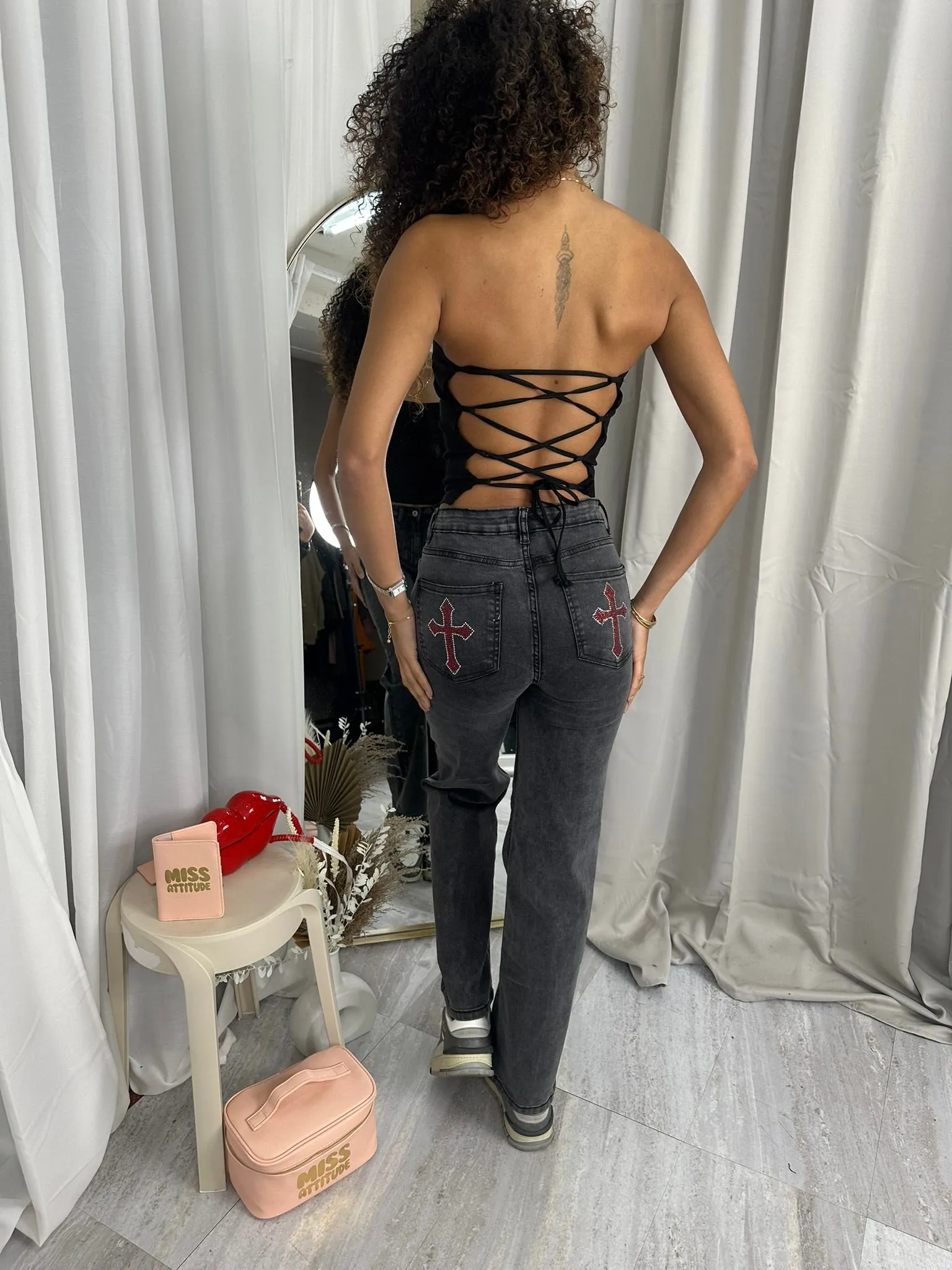 Straigh leg diamante cross pocket detail high waist denim jeans