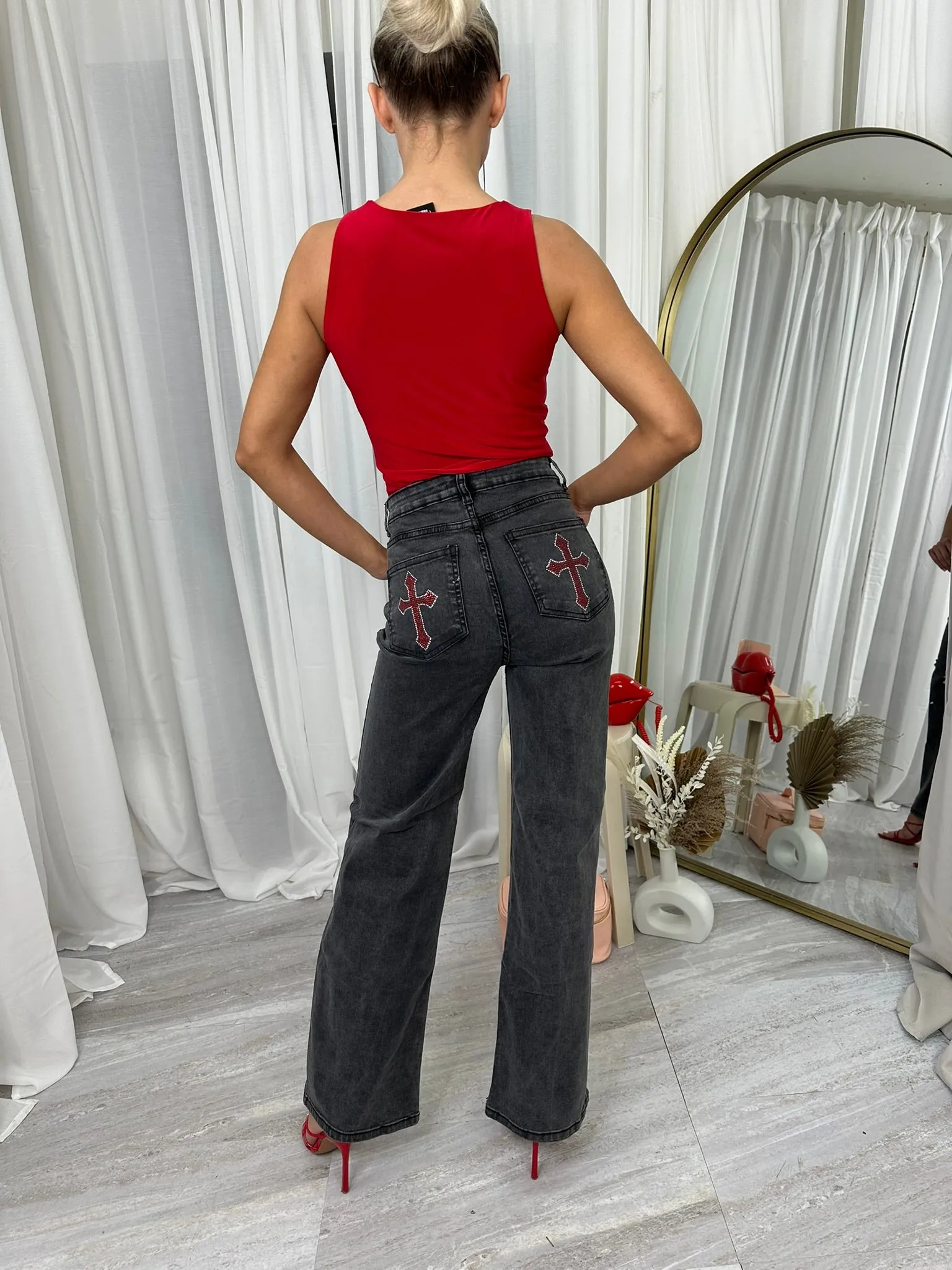 Straigh leg diamante cross pocket detail high waist denim jeans