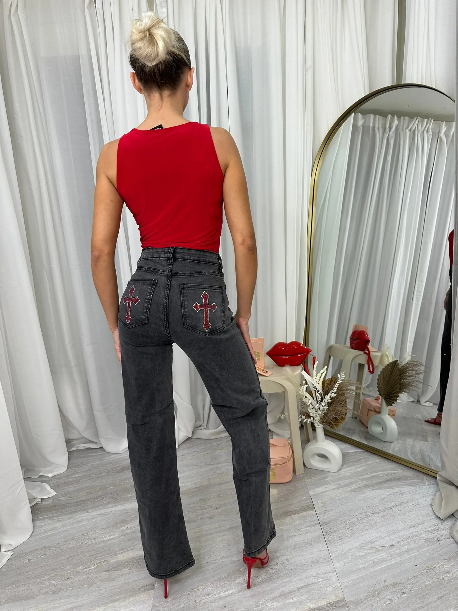 Straigh leg diamante cross pocket detail high waist denim jeans