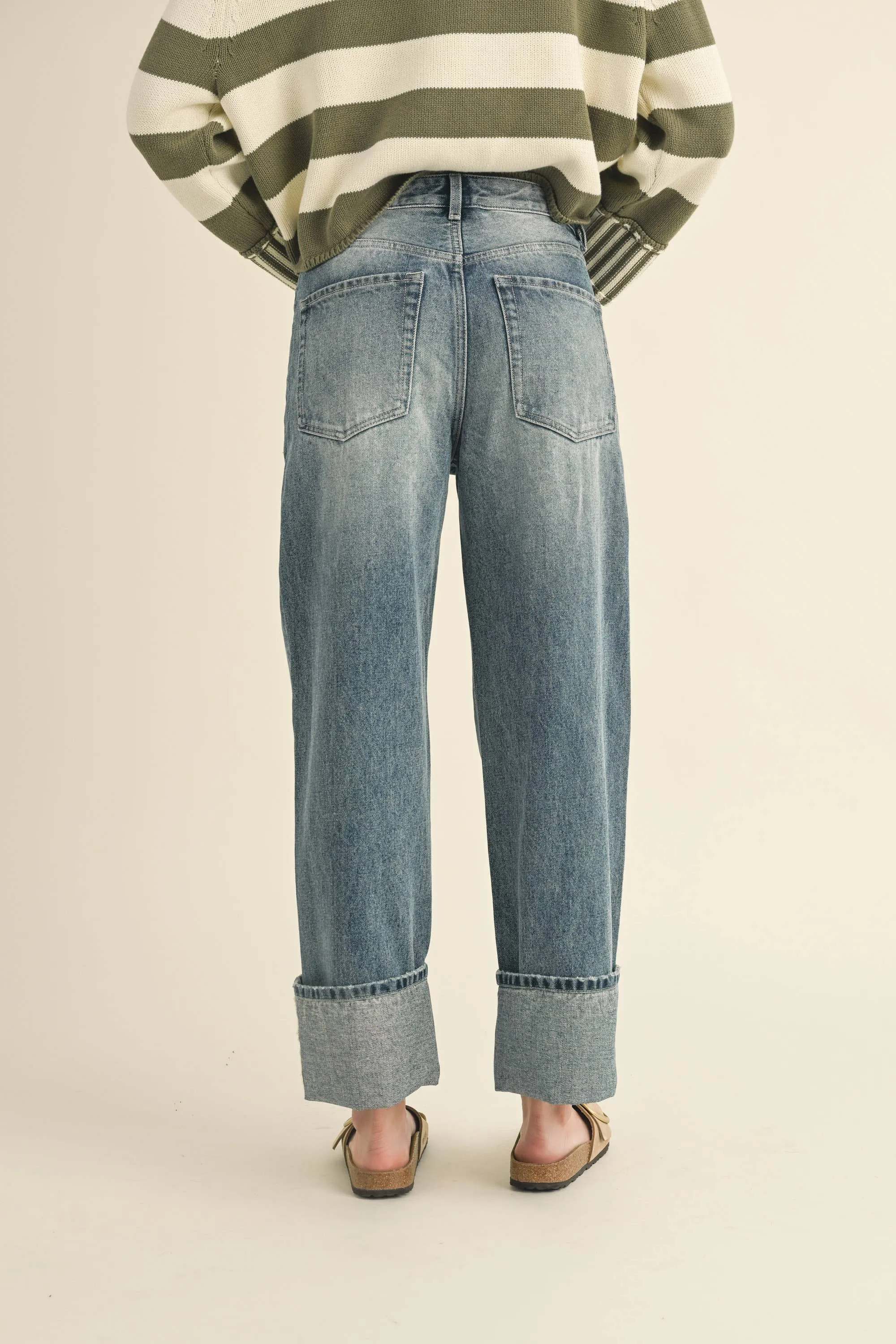 Straight Leg Cuffed Hem Denim Pants