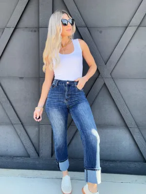 Straight Leg Mid Rise Jeans With Roll Up Hem In Dark