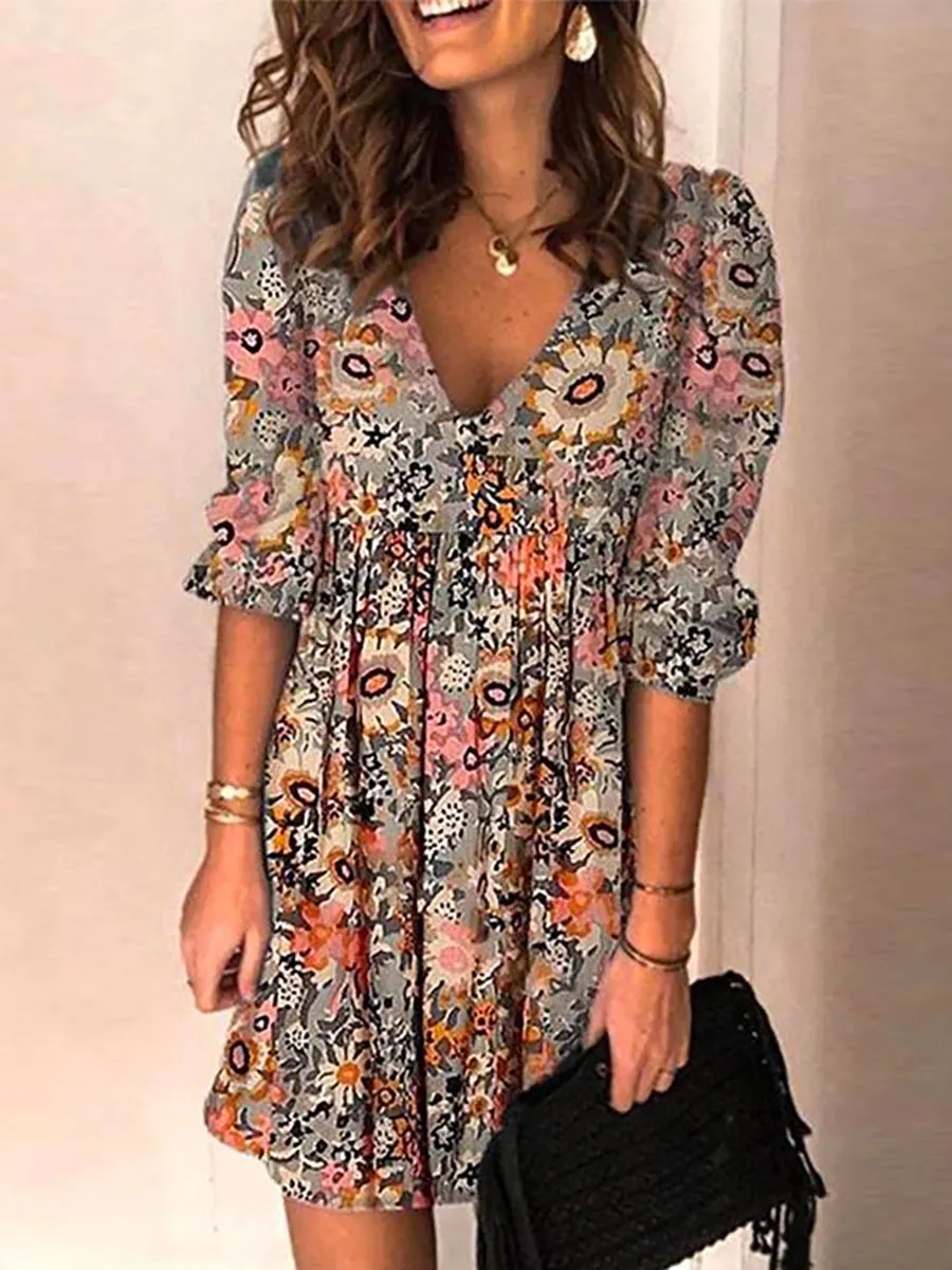Stunncal Casual V Neck Half Sleeve Printed Swing Dress