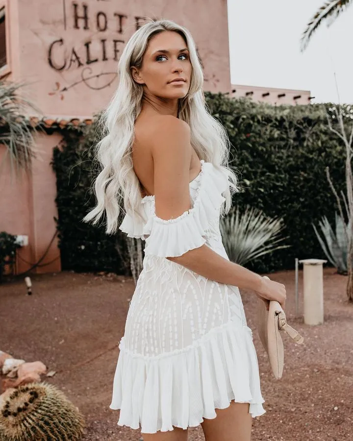 Stunncal Lace Pleated Ruffle One-Shoulder Dress