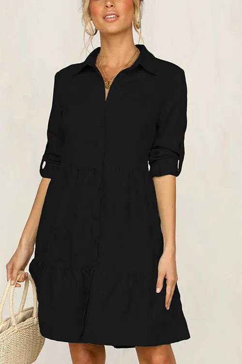 Stunncal Rolled Up Sleeve Button Down Ruffle Dress