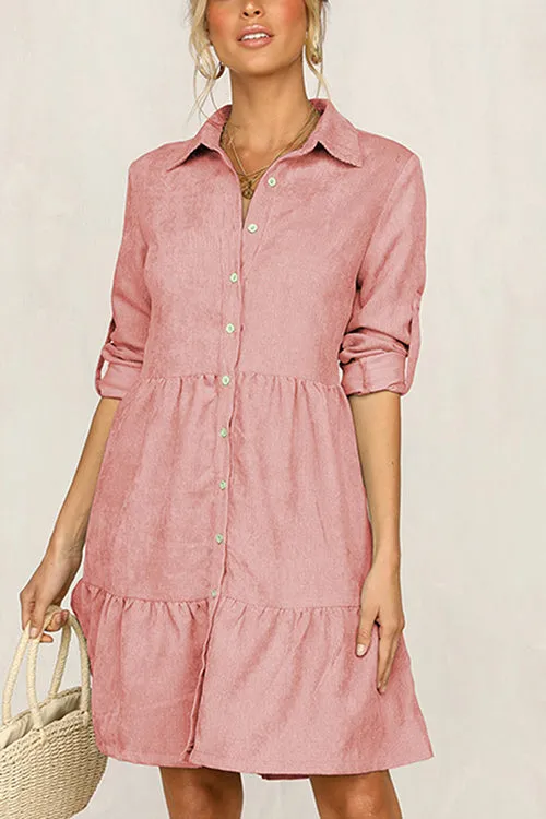 Stunncal Rolled Up Sleeve Button Down Ruffle Dress