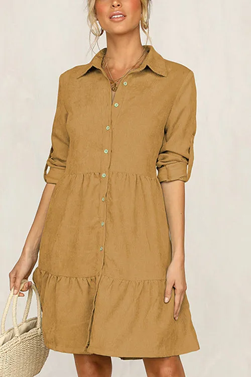 Stunncal Rolled Up Sleeve Button Down Ruffle Dress